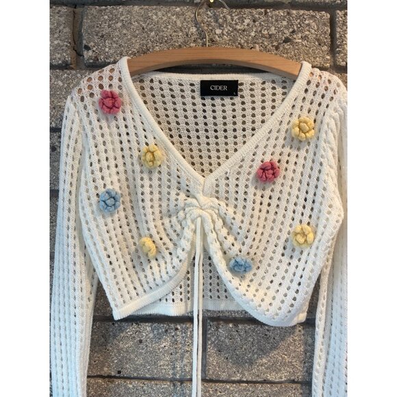 Cider Cropped Knit Cardigan With Floral Appliques Long Sleeves & Drawstring Deta - Picture 3 of 7